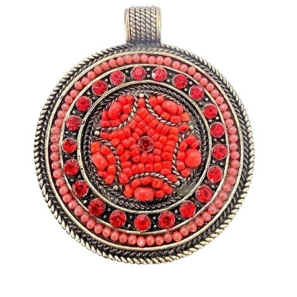 Best Pendant Red Round Gemstones Bronze tone Mosaic Tribal Boho Jewelry